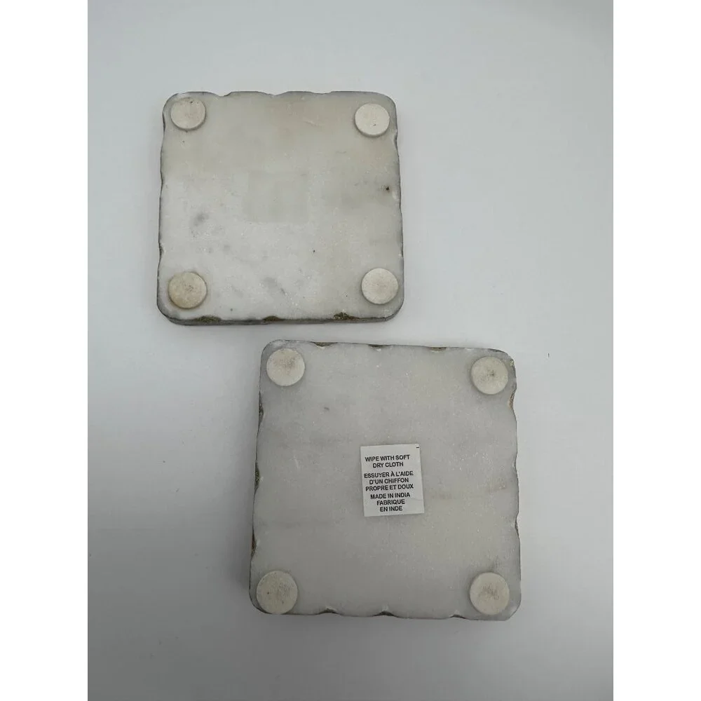 Gold-Edged White Marble Quartz Crystal Coasters Vintage Square Set 2 4x4